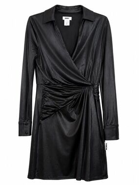 NWT DKNY Black Draped-Front V-Neck Collared Long Sleeve Shift Dress 8